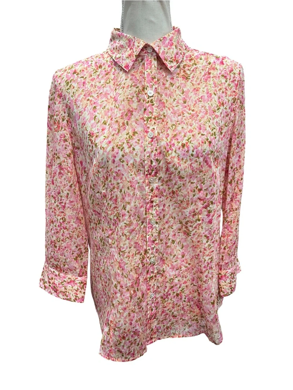 Talbots Pink Floral 100% Cotton Button Down Shirt Blouse Size 10